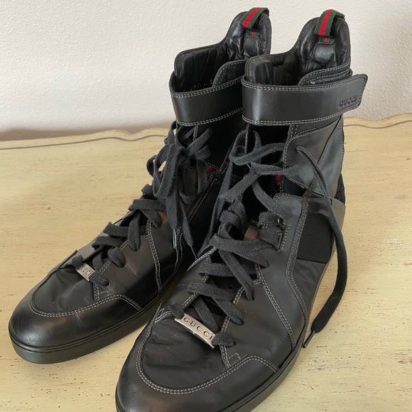 GUCCI Strap Quilted Suede & Leather High Top Sneakers Black Size 11 US 12 $860 - Picture 1 of 10